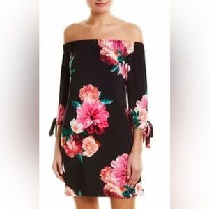 Eliza J 6 Shift dress above the knee black w/pink floral 3/4 sleeves w/ties